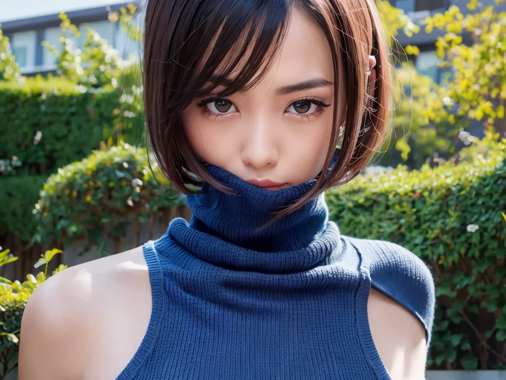 (((masterpiece, best quality,ultra-detailed,8k,high resolution))), (upper body),24 years old ,Japanese girl, 1girl, short hair, (((Cover half face with a turtleneck sweater))),grabbing turtleneck collar
