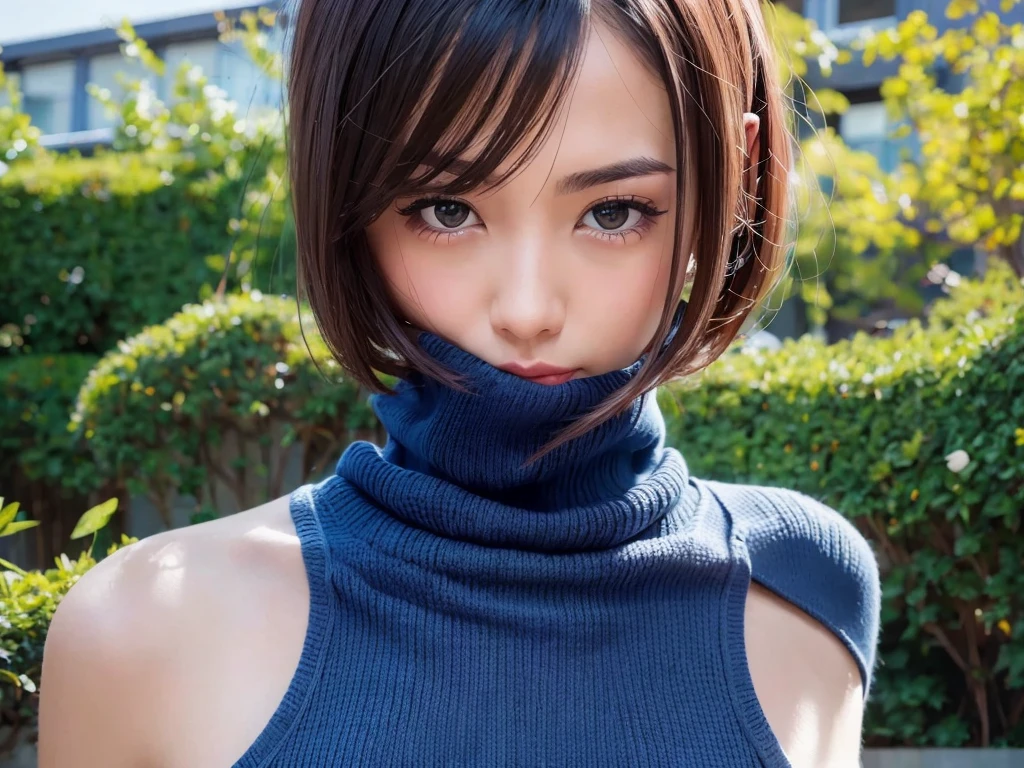 (((masterpiece, best quality,ultra-detailed,8k,high resolution))), (upper body),24 years old ,Japanese girl, 1girl, short hair, (((Cover half face with a turtleneck sweater))),grabbing turtleneck collar
