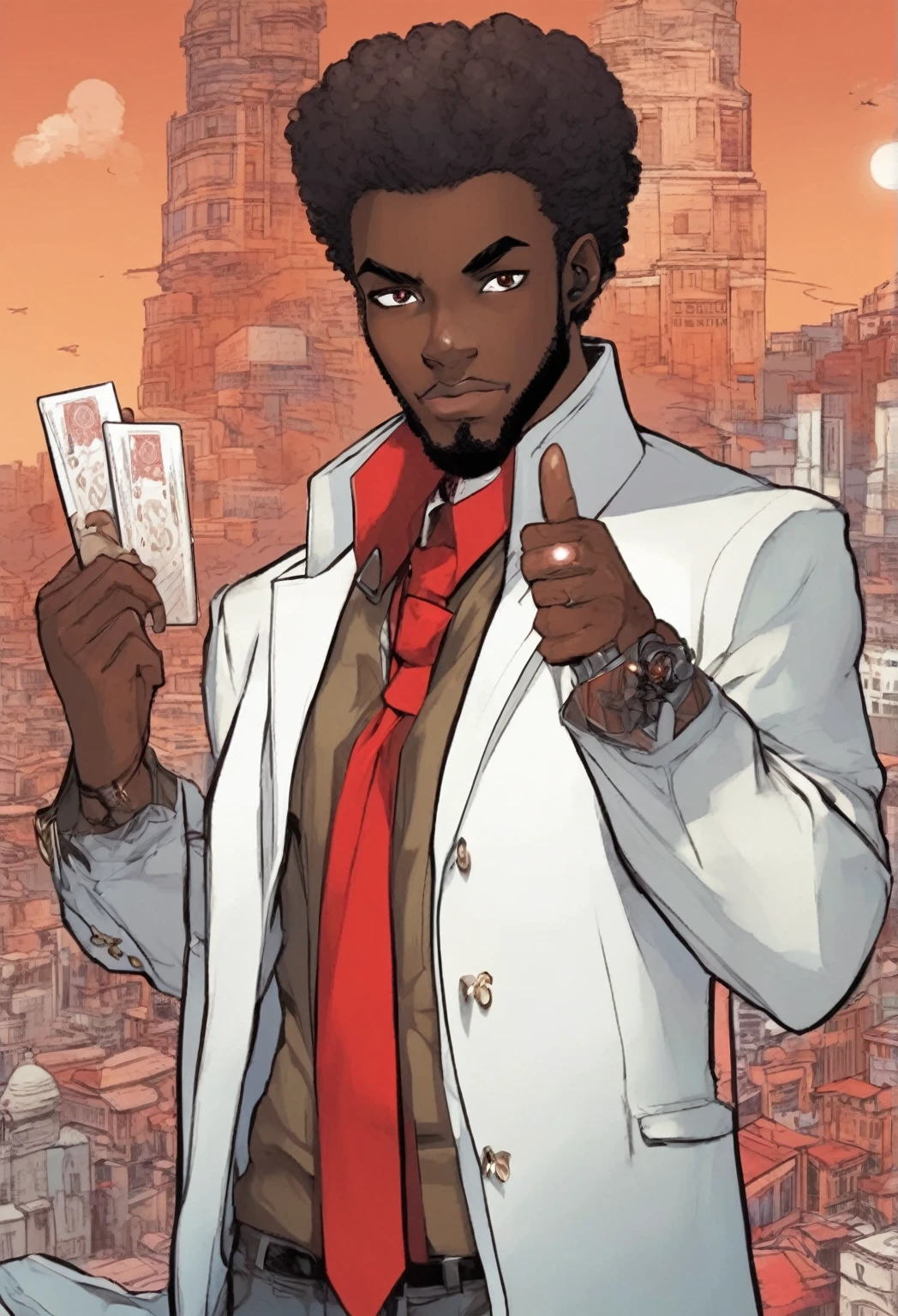anime dark skin gambler with red eyes holding a card in his left hand. He wears phantom theif style clothing such as fancy trenchcoat, black fedora, beige shirt with black tie underneath an red vest, smug expression, smirking (((brown:1.3, red:1.3,black:1.2, white:1.2))), short curly hair, faded haircut