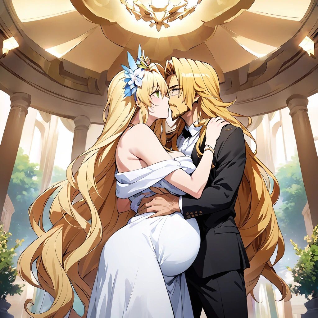((Highest quality)), ((masterpiece)), (detailed), （Perfect Face）、Woman is a goddess named Hera wearing a white ancient Greek Doric chiton々Hera, the goddess of marriage and wife of Zeus, the king of the gods, is a happy and deeply in love couple.、The woman is the goddess Hera, the queen of the one and only god Zeus. She has green eyes, blonde medium-long hair, is wearing a white ancient Greek Doric chiton, an engagement ring, and luxurious accessories. She is an elegant goddess, the graceful and beautiful queen of the gods.、The woman, as the goddess Hera, loved Zeus, happily embracing him and kissing him deeply, and devoting herself to him as his wife.、The dignified, bearded, elderly god Zeus is wearing a white ancient Greek Doric chiton and kissing and embracing the woman Hera in love、the woman is pregnant