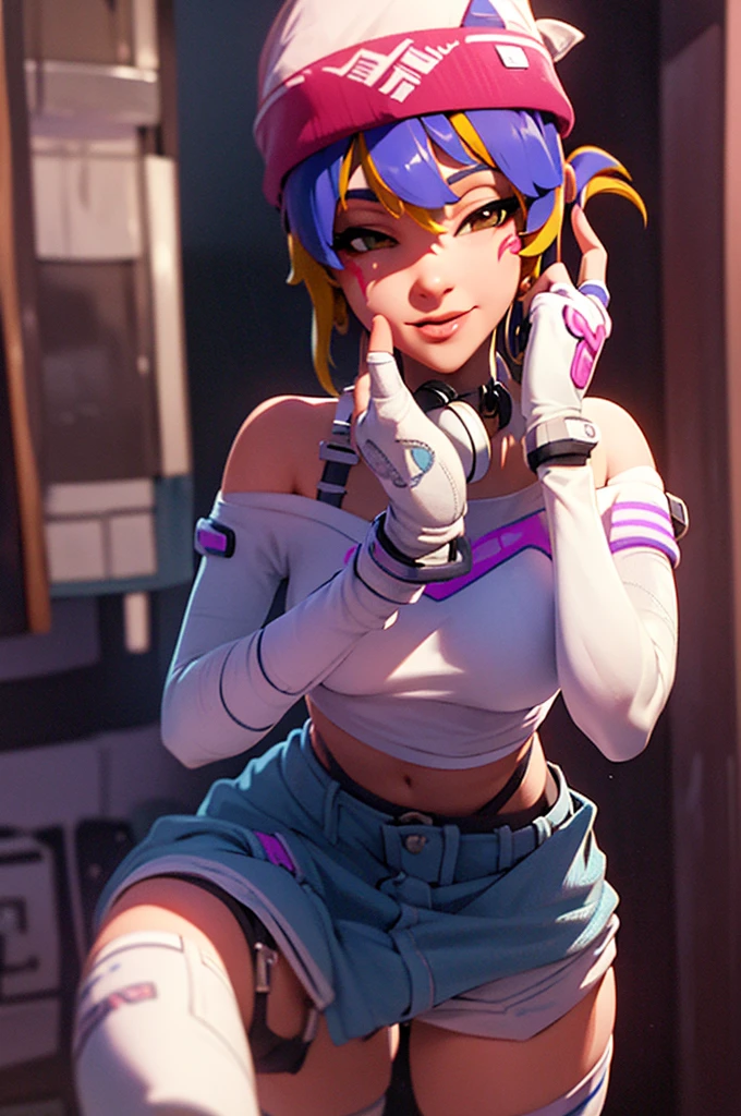 Sexy pose, posing,  ((masterpiece, best quality)), 1girl, solo, Kiriko LeSserafim, upper body, short hair, brown eyes, multicolored hair, blue hair, yellow highlights, bangs, pink headwear, hair between eyes, (white off-shoulder shirt:1.5), ((gloves:1.5)), pointing to her face, fingerless gloves, hoop earrings, (white shirt:1.5), headphones around neck, thighhigh, white gloves, lace-up boots, boots, gloves, jacket around waist, thighhighs, breasts, headphones, standing, jewelry, bracelet, midriff, white crop top, cross-laced footwear single kneehigh, smile, earrings, jewelry, hat, looking at viewer, makeup, facepaint, facial mark, detached sleeves, lips, indoors, japanese house, hands on her face, portrait,  