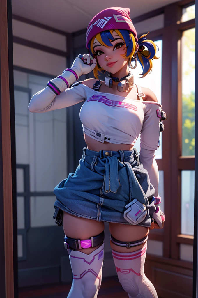 Sexy pose, posing,  ((masterpiece, best quality)), 1girl, solo, Kiriko LeSserafim, upper body, short hair, brown eyes, multicolored hair, blue hair, yellow highlights, bangs, pink headwear, hair between eyes, (white off-shoulder shirt:1.5), ((gloves:1.5)), pointing to her face, fingerless gloves, hoop earrings, (white shirt:1.5), headphones around neck, thighhigh, white gloves, lace-up boots, boots, gloves, jacket around waist, thighhighs, breasts, headphones, standing, jewelry, bracelet, midriff, white crop top, cross-laced footwear single kneehigh, smile, earrings, jewelry, hat, looking at viewer, makeup, facepaint, facial mark, detached sleeves, lips, indoors, japanese house, hands on her face, portrait,  