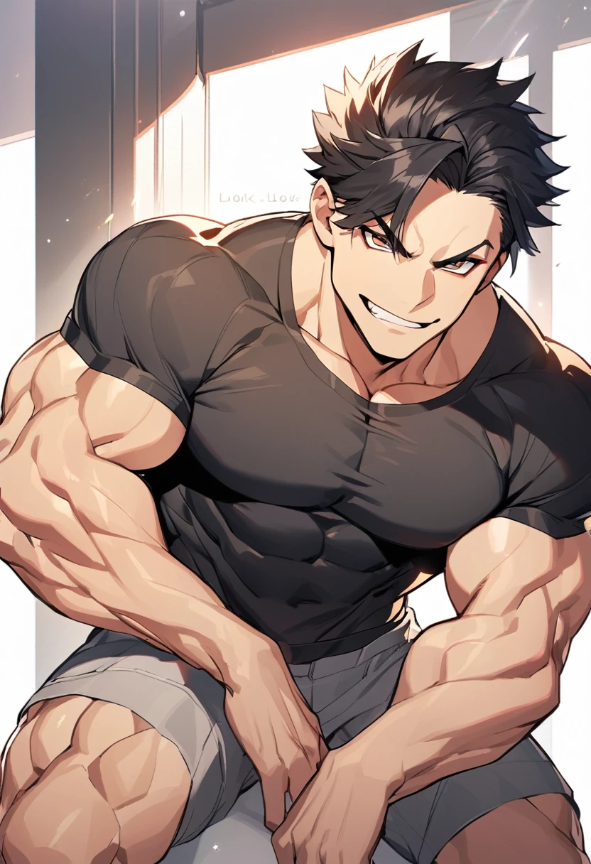 Shorth black hair,muscular man,black shirt,white long short,smirk,look at viewer