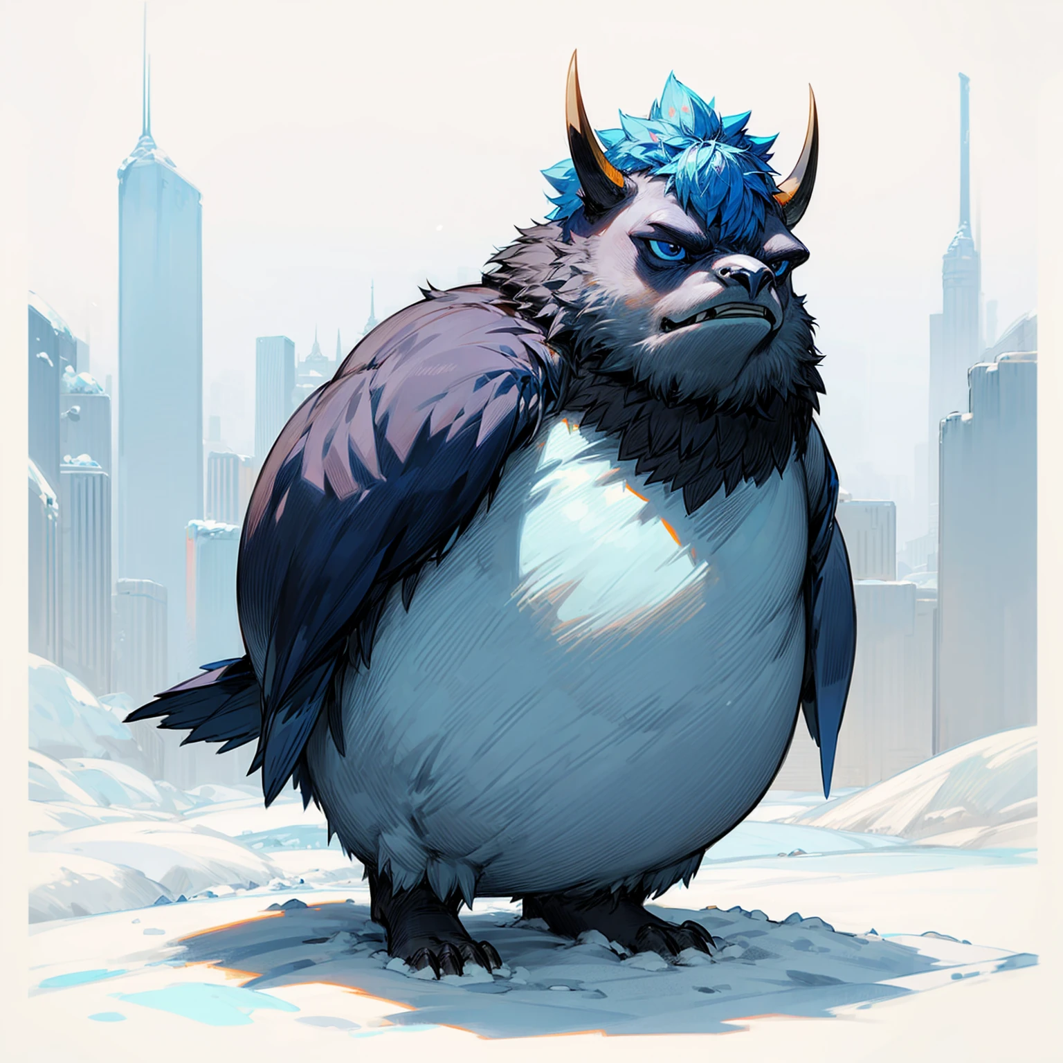 1character, Full body version, blue bison mixed with penguin, blue eyes, bison head mixed, very fat stomach, Grassroots, full background in snow