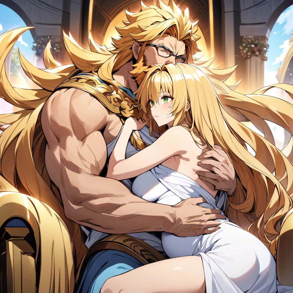 ((Highest quality)), ((masterpiece)), (detailed), （Perfect Face）、A woman is a goddess, both in mind and body, who became the goddess Hera in Greek mythology.々Hera, the wife of Zeus, king of the gods, is a goddess and queen who happily hugs and snuggles with a man.、The woman was the queen of Zeus, the goddess Hera. She had green eyes, blonde medium-long hair, was wearing a gorgeous white ancient Greek Doric chiton, an engagement ring, and gorgeous accessories. She was an elegant, graceful, and beautiful goddess, Hera, the wife of Zeus.、A woman is embracing and cuddling the majestic, bearded, elderly god Zeus, wearing a white ancient Greek Doric chiton, on a magnificent throne in a temple、The man is a bearded old man wearing a dignified white ancient Greek Doric chiton, the god Zeus, embracing a woman