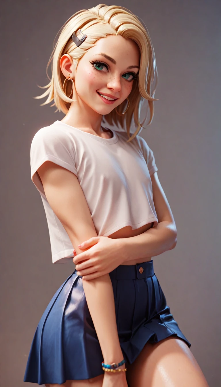 A cute femboy with blond hair smilling at the camera, wearing a very short skirt with some cute acssesories on her head.
