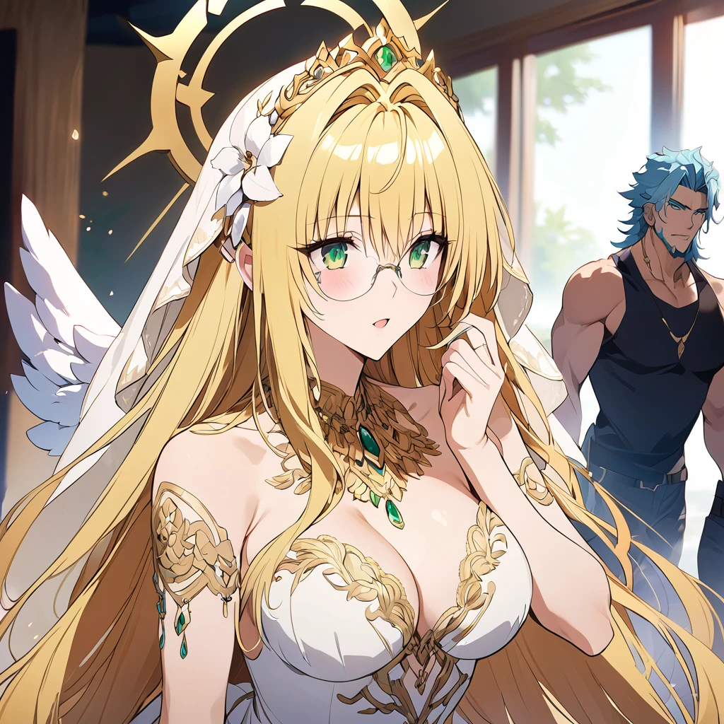 ((Highest quality)), ((masterpiece)), (detailed), (Perfect Face)、The woman is Hera, the Greek goddess, a magnificent and large angel.6An archangel and god with wings and a shining halo above his head.々Goddess Tiara, wife of Zeus, king of the gods, and queen of the sacred gods.、The woman was the beautiful goddess Goddess Tiare, queen of the one and only god Zeus, with green eyes and medium-long blonde hair. She was wearing a pure white vintage wedding dress with gorgeous gold embroidery and trim, a gorgeous vintage wedding veil, gorgeous jewelry and decorations, an engagement ring, and gorgeous accessories. She was an elegant goddess, the graceful, beautiful, sacred goddess and queen Goddess Tiare.