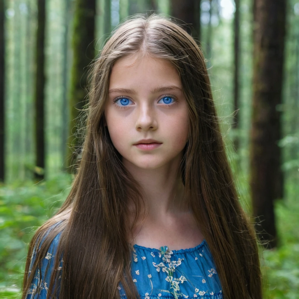"The photograph shows a girl with long brown hair and blue eyes. She stands against the backdrop of a forest