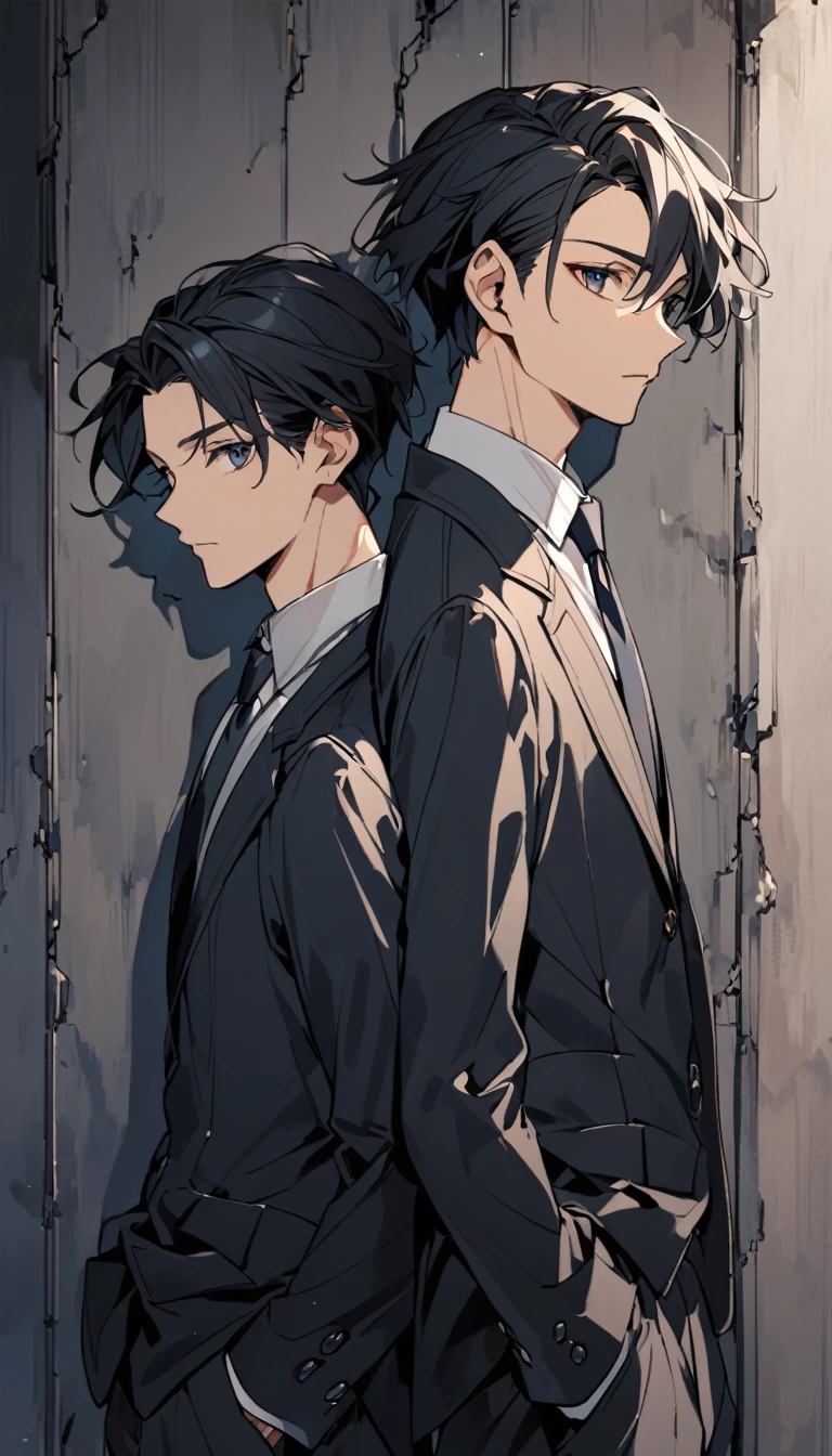 A young man with black hair, blue eyes, a black suit stood with his back turned half-face smoking a cigarette in his room at night.