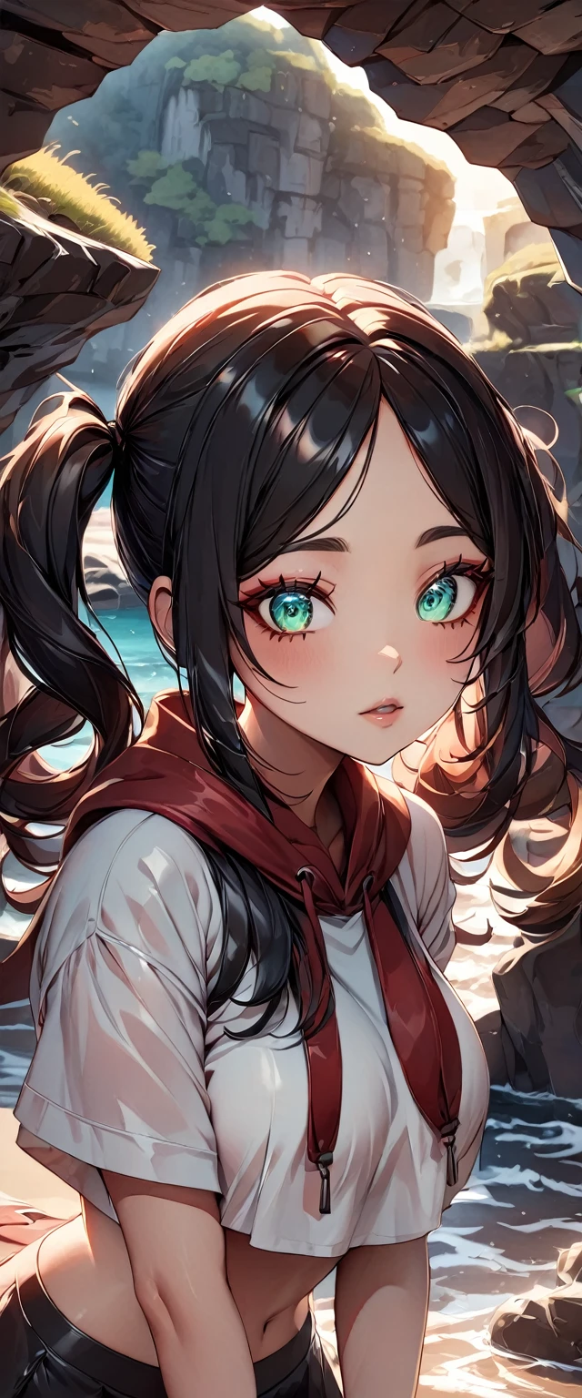 Photo of a woman with natural skin, Baby Face, Small face, A woman wearing mainly black and red, Upper Body, Seaside cave, The light is shining in, High Twintails, Black hair with red mesh, Sharp eyes with red eyeshadow, Blue-green eyes, Shining eyes, A thin, upturned nose, Well-shaped lips, Big Breasts, ((crop top overhang, Thighs, Glamour body)), Makeup, Exquisitely crafted with the utmost attention to detail, Vibrant, amazing, Smooth, Cinematic, 4K, Backlight, (()), Shallow depth of field, ((Detailed eyes:1.3, Detailed lips:1.3, high quality, )), masterpiece, Super detailed images, High quality