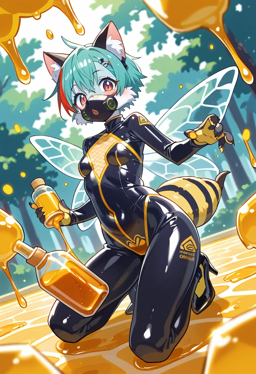 Highest quality, Highest quality, High quality illustrations, masterpiece, Ultra-high resolution, Detailed Background, honeycomb, in the forest, Absurd, Perfect Anatomy, performance, Good lighting, Shadows in the movies(kemono, Furry PersonifiCation), Cat, bee, Honey Skin, Honey Latex, Rubber Suit, Honey Latexスーツ, Honey Lotion, beeスーツ, beeのコスチューム, beeのコスプレ, ゴム製のbeeのしっぽ, beeの羽, Bee wings, Honey Pool, Honey Lotionを浴びている, Covered entirely in honey slime, Kneeling, Tattoo, cyber punk, High heels, Honey Latexマスク, Dynamic Angle