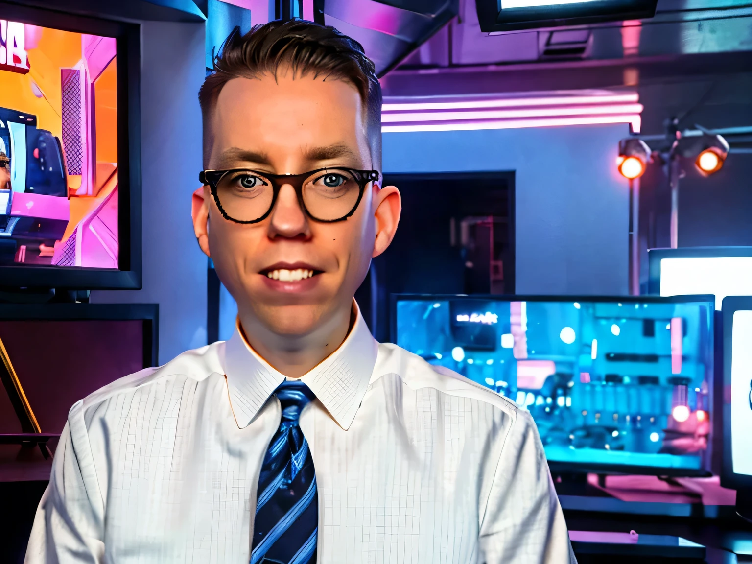 jcooper, a tv news personality, news studio in the background, cartoon style