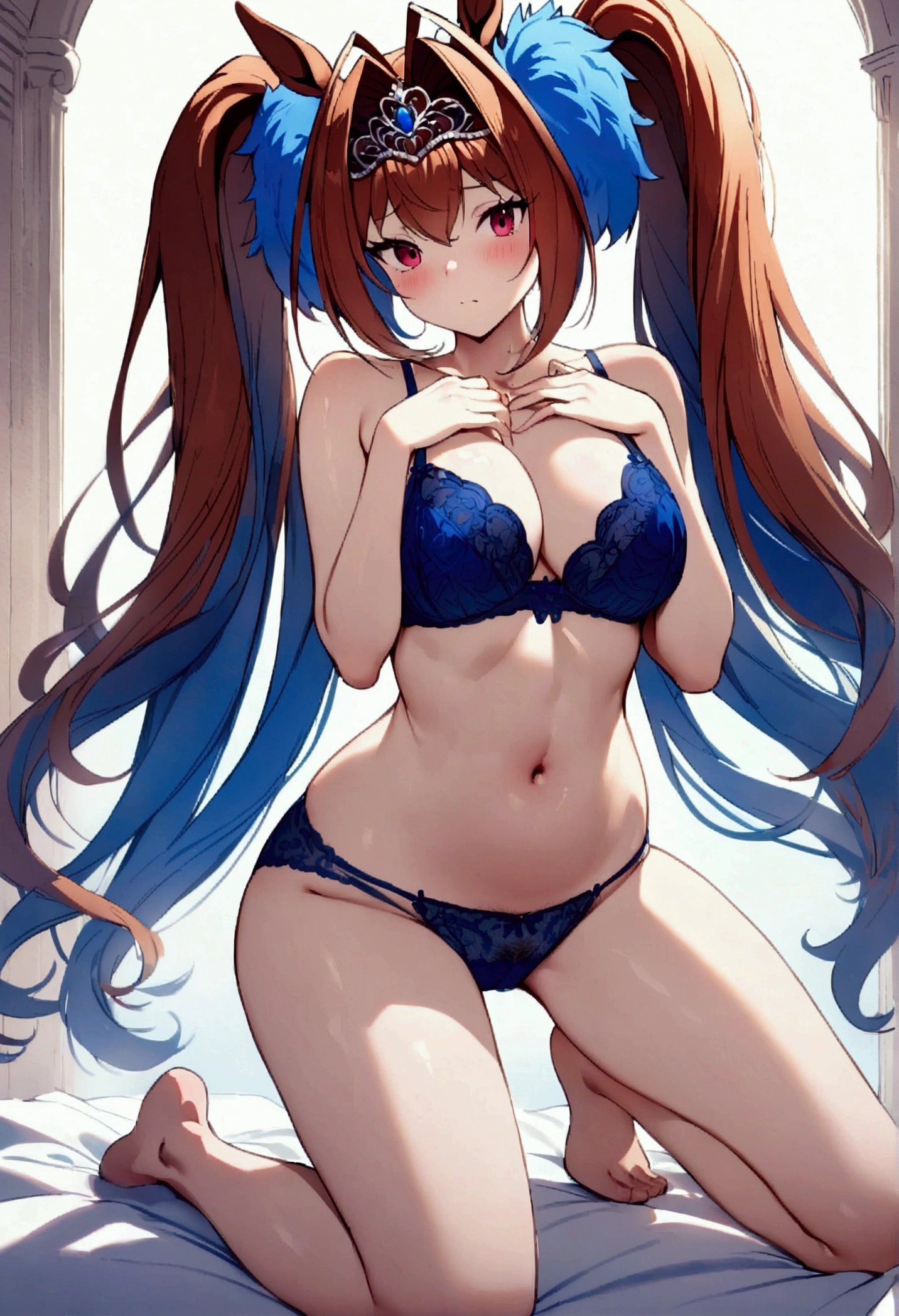 (((Horse Girl))), (((Daiwa Scarlet))), 1 person, Thighs, On a bed with white sheets, (((Kneeling))), (((In the process of removing blue lace panties))), Embarrassed look, (((Pubic hair is visible))), High resolution, Her breasts are elegant and large., (((Blue lace bra))), 