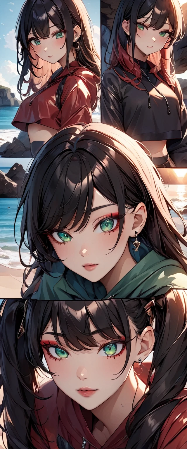 Photos of people with natural skin, Baby Face, Crossdresser, A person who mainly wears black and red, Upper Body, Seaside cave, The light is shining in, High Twintails, Black hair with red mesh, Sharp eyes with red eyeshadow, Blue-green eyes, Shining eyes, A thin, upturned nose, Well-shaped lips, ((crop top overhang, Thighs)), Makeup, Exquisitely crafted with the utmost attention to detail, Vibrant, amazing, Smooth, Cinematic, 4K, Backlight, (()), Shallow depth of field, ((Detailed eyes:1.3, Detailed lips:1.3, high quality, )), masterpiece, Super detailed images, High quality