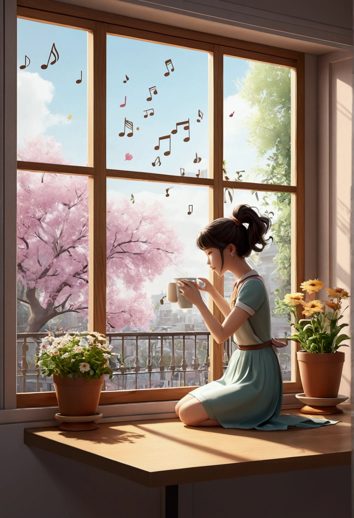 Table Top, Top Quality, Table Top, Top Quality, Official Art, Highly Detailed CG Unity 8K Wallpaper, Subtle Retro Colors, Rice Print Style, Illustration, Cute, One Girl, Flowers, Window, Flowerpot, Coffee Drink,. Lots of illustrations of musical notes on the windowsill.cat,dancing girl，Illustration of musical notes on the windowsill