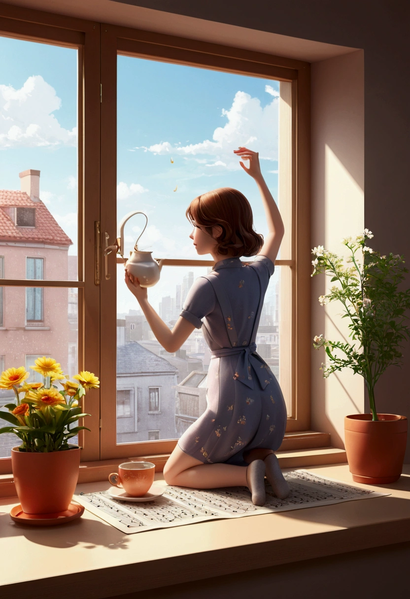 Table Top, Top Quality, Table Top, Top Quality, Official Art, Highly Detailed CG Unity 8K Wallpaper, Subtle Retro Colors, Rice Print Style, Illustration, Cute, One Girl, Flowers, Window, Flowerpot, Coffee Drink,. Lots of illustrations of musical notes on the windowsill.cat,dancing girl，Illustration of musical notes on the windowsill