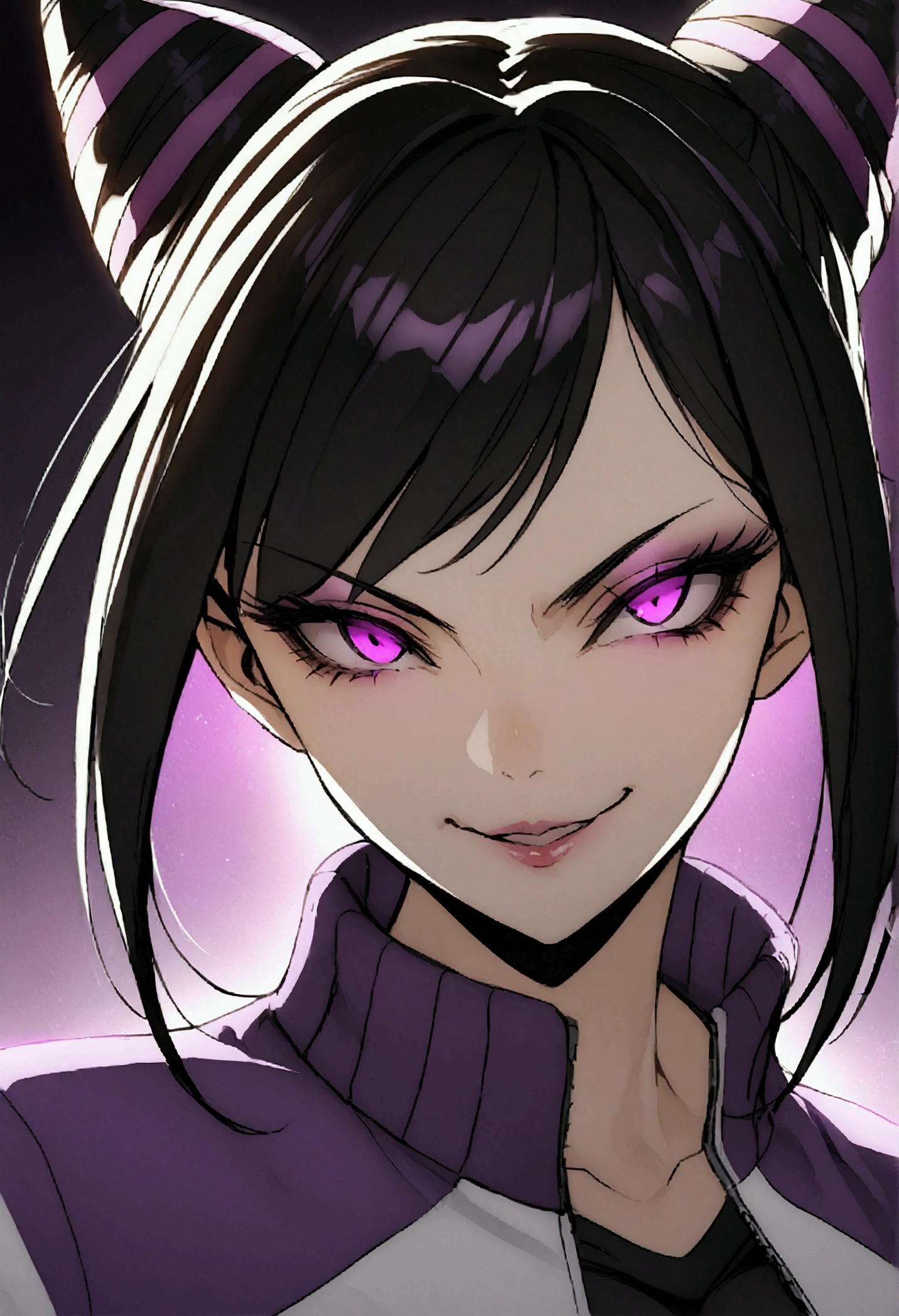 dark eye shadow,shining eyes,beautiful young fitness woman with , in a gym wearing May with black pantyhose, tight white and purple gym jacket. standing alone,hair horns,glowing purple eyes,Evil smile,legging preto ,labiaa,dark eye shadow,shining eyes,close up,juri han