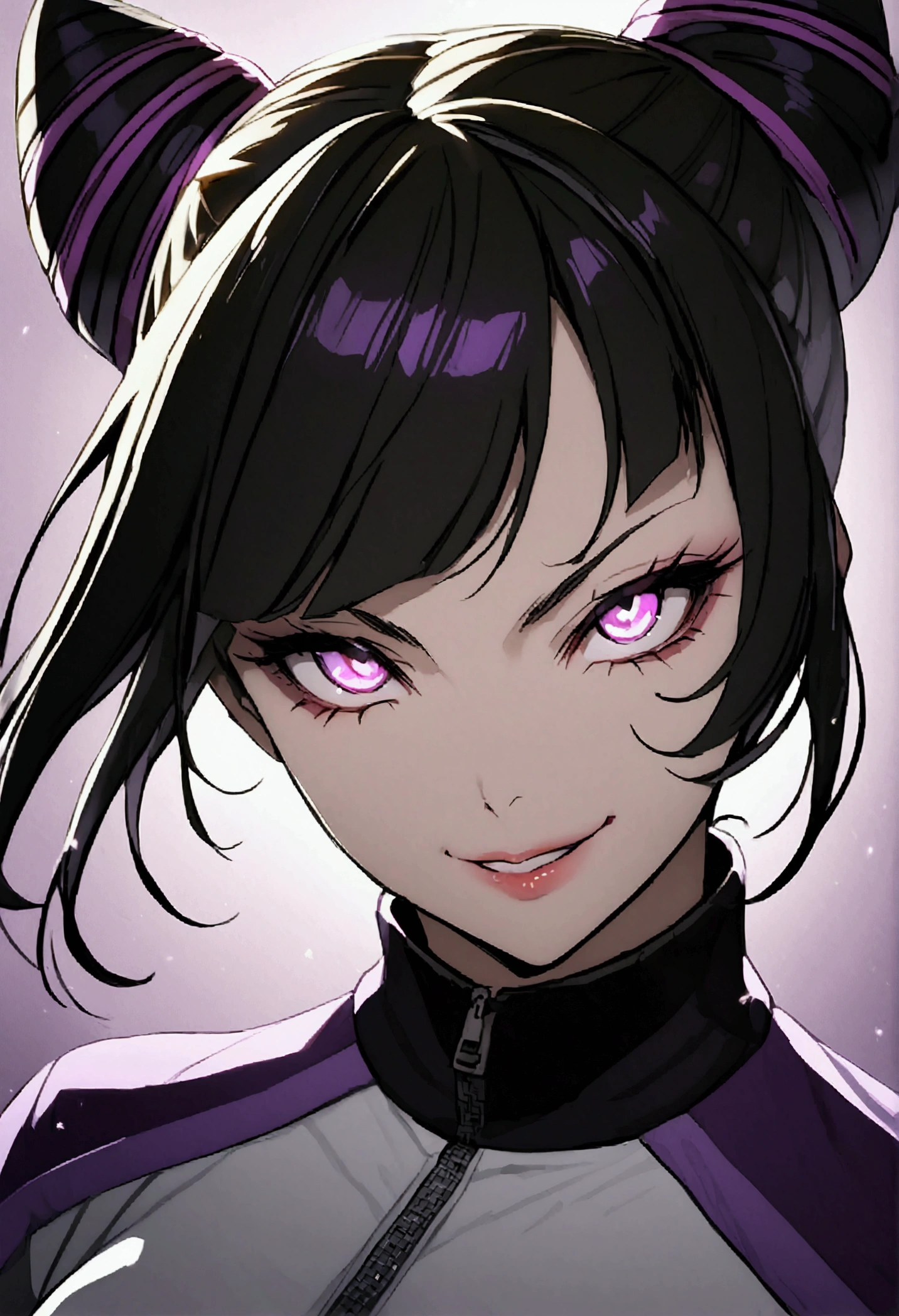 dark eye shadow,shining eyes,beautiful young fitness woman with , in a gym wearing May with black pantyhose, tight white and purple gym jacket. standing alone,hair horns,glowing purple eyes,Evil smile,legging preto ,labiaa,dark eye shadow,shining eyes,close up,juri han