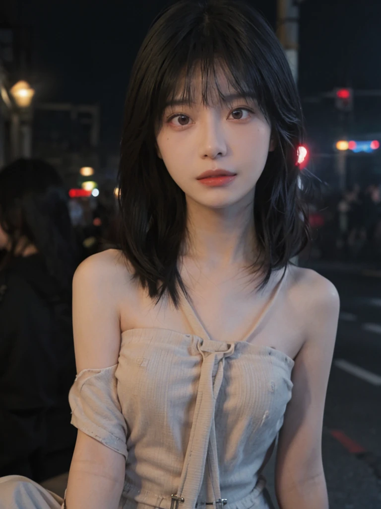 best qualtiy, Ultra-high resolution, (realisticlying:1.4),1 girls ,Focus:1.2, perfect figure beautiful woman:1.4 , (Streets at night:1.3), Highly detailed facial and skin texture, Detailed eyes, double eyelid,Red lips,eye shadows,Whiten skin,(Air bangs:1.3),,(Thin strap top:1.4), (naked, ogasmic face:1.7)
