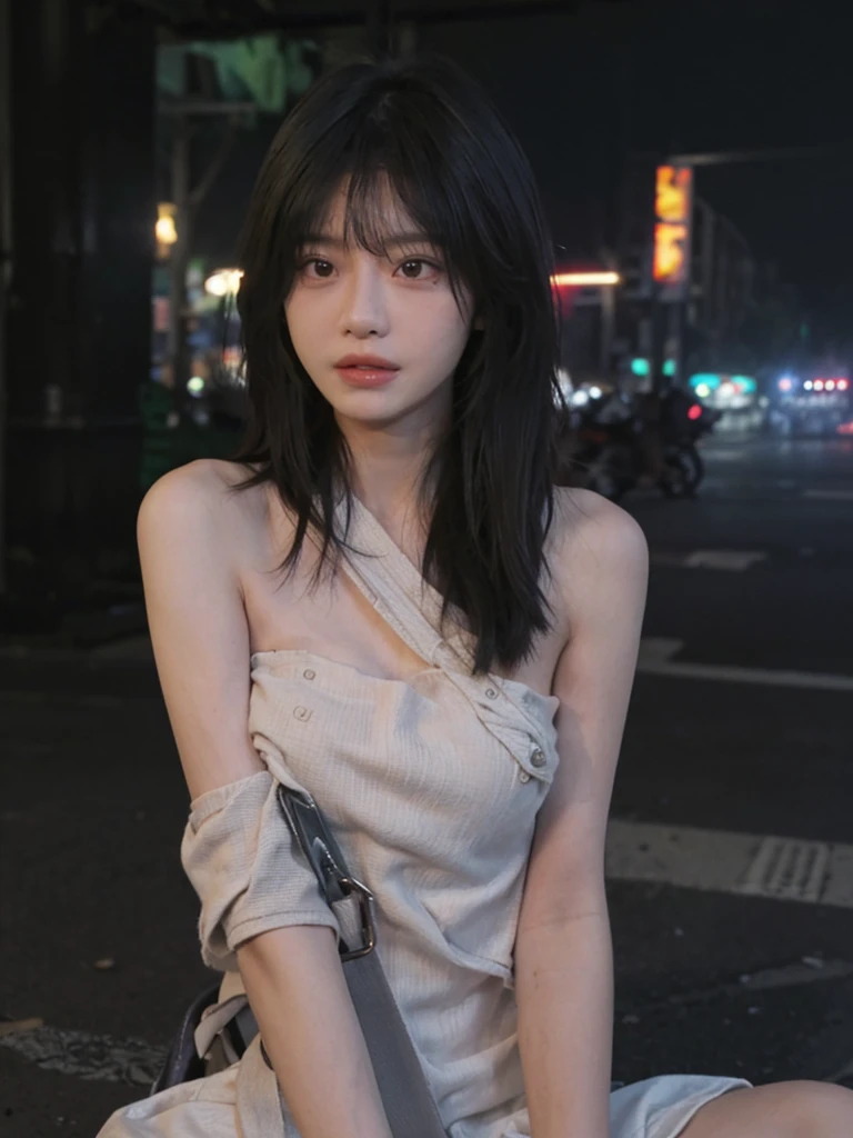best qualtiy, Ultra-high resolution, (realisticlying:1.4),1 girls ,Focus:1.2, perfect figure beautiful woman:1.4 , (Streets at night:1.3), Highly detailed facial and skin texture, Detailed eyes, double eyelid,Red lips,eye shadows,Whiten skin,(Air bangs:1.3),,(Thin strap top:1.4), (naked, ogasmic face:1.7)