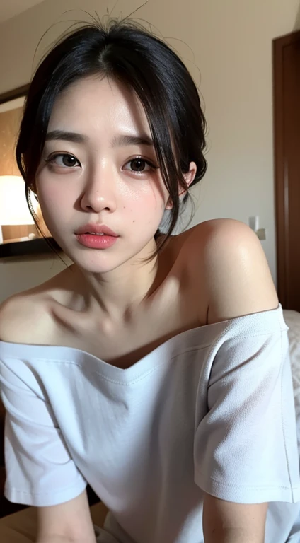 Off-the-shoulder T-shirt, Close-up, masterpiece, Highest quality, Raw photo, Photorealistic, face, Unbelievably absurd, Beautiful girls, cute, short hair, Depth of written boundary, High resolution, Ultra-detailed, In detail, Very detailed, Very detailed目とface, Sharp pupils, Realistic students, Sharp focus、Inside the room、night、On the bed