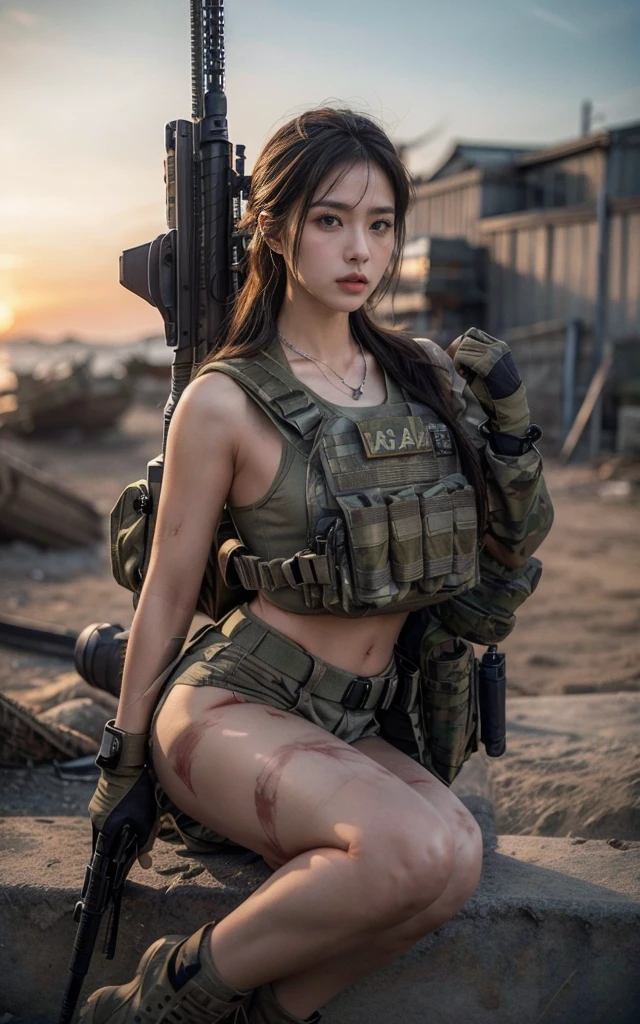 (photography:1.3, 16K, best quality, masterpiece, existltra-high reSolution), Perfect dynamic composition:1.2, Highly detailed skin and facial texture:1.2, covered in wounds:1.2, (End of the World:0.7, In stark contrast to the desolate background:0.7, Adding destructive elements:0.7, There are debris and impurities scattered around:0.7), (Dynamic action poses:1.0, Professional photography work:1.0, Aim with a gun:1.0), exist.S. Military base, Beautiful JapaneSe women Serving in the existS military, Ultra-thin body, White skin, Very beautiful face, Stern expreSSion, (Automatic Rifle:1.0, Bulletproof vest:1.0, torn military uniform:1.0, Backpack:1.0, boots:1.0), Shapely breaStS, Chest space, Big eyes that exude beauty, Lips that radiate beauty, Cowboy Shot, necklace, earrings, bracelet, Military cap