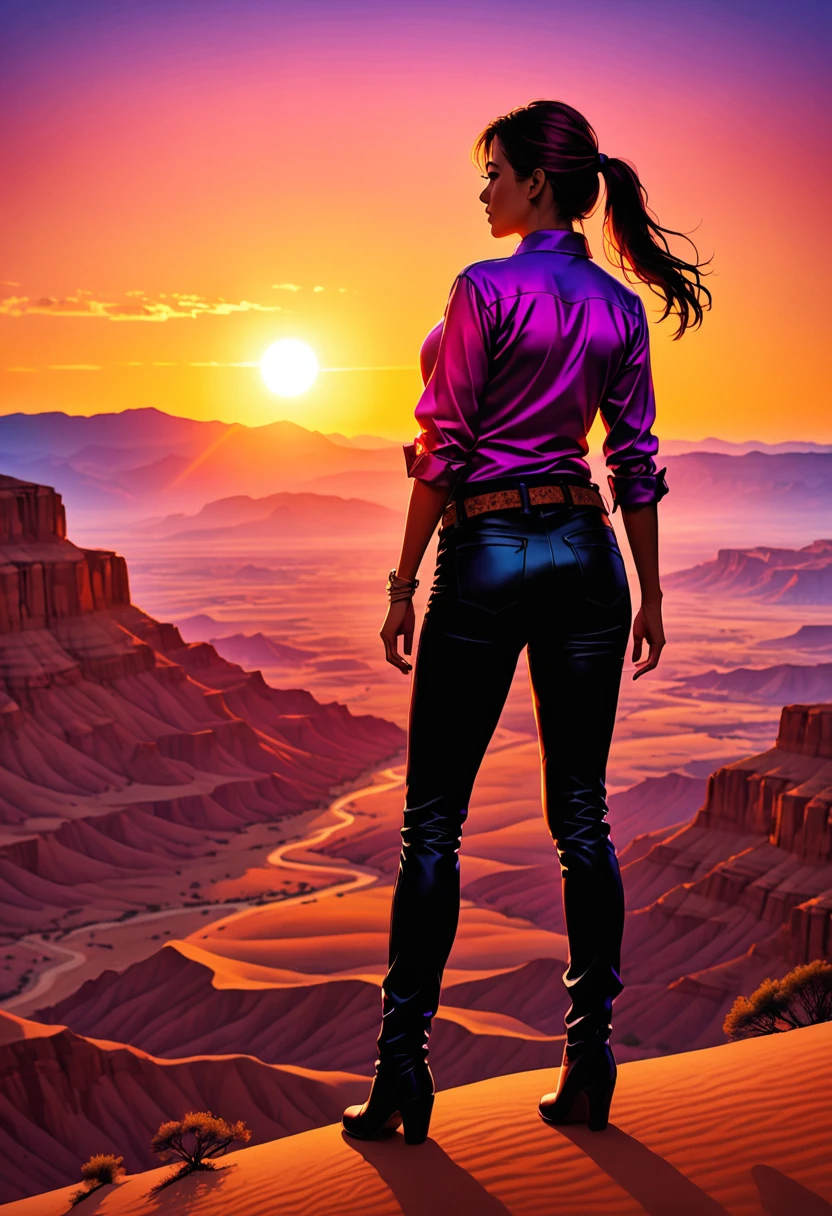 an oil painting of woman cowboy standing on the desert mountain at sunset, watching the desert canyon, an exquisite beautiful woman, most beautiful woman, blond hair, long hair, in a pony tail, ultra detailed face, best detailed face, wearing button shirt, dynamic color, small cleavage, wearing trousers, dynamic color, wearing high heeled boots, (silhouette art: 1.3), sun set, sun rays, sky in shades of purple, red, orange and yellow. vibrant colors of sky, Hyperrealism style, vibrant, Ultra-high resolution, High Contrast, (masterpiece:1.5), highest quality, Best aesthetics), best details, best quality, highres, ultra wide angle, 16k, [ultra detailed], masterpiece, best quality, (extremely detailed) RAW, chumbasket art style, oil pastel, silhouette
