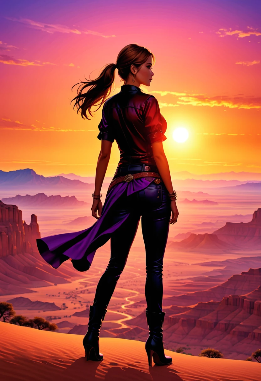 an oil painting of woman cowboy standing on the desert mountain at sunset, watching the desert canyon, an exquisite beautiful woman, most beautiful woman, blond hair, long hair, in a pony tail, ultra detailed face, best detailed face, wearing button shirt, dynamic color, small cleavage, wearing trousers, dynamic color, wearing high heeled boots, (silhouette art: 1.3), sun set, sun rays, sky in shades of purple, red, orange and yellow. vibrant colors of sky, Hyperrealism style, vibrant, Ultra-high resolution, High Contrast, (masterpiece:1.5), highest quality, Best aesthetics), best details, best quality, highres, ultra wide angle, 16k, [ultra detailed], masterpiece, best quality, (extremely detailed) RAW, chumbasket art style, oil pastel, silhouette
