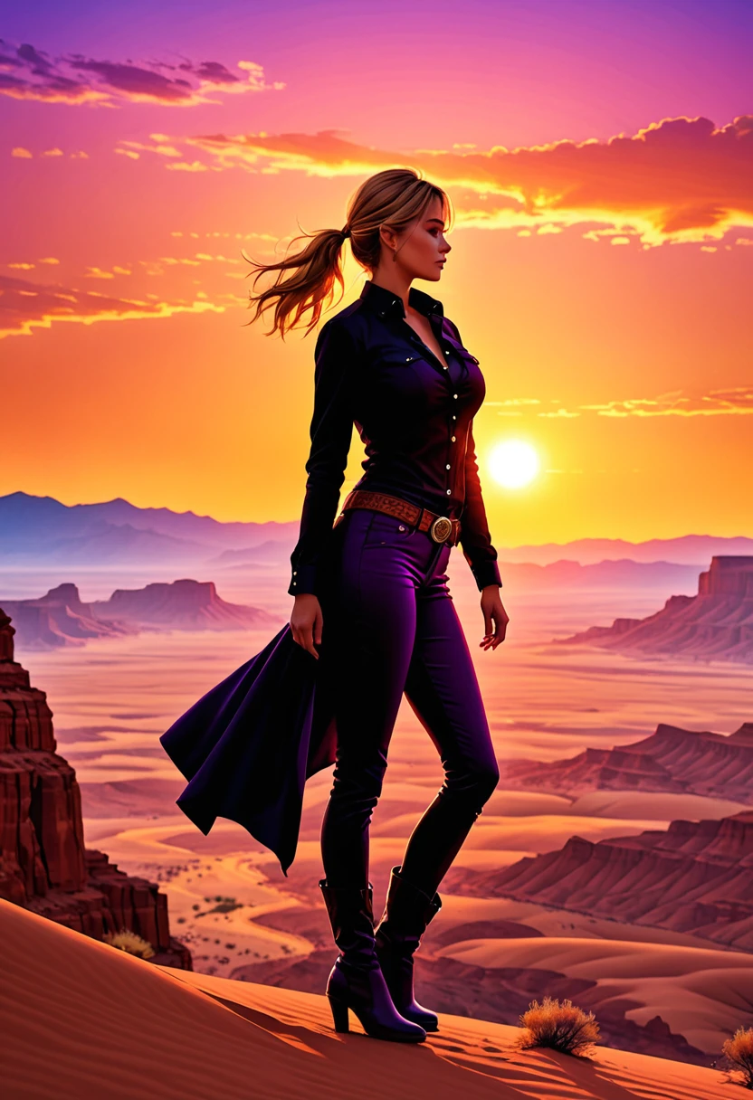 an oil painting of woman cowboy standing on the desert mountain at sunset, watching the desert canyon, an exquisite beautiful woman, most beautiful woman, blond hair, long hair, in a pony tail, ultra detailed face, best detailed face, wearing button shirt, dynamic color, small cleavage, wearing trousers, dynamic color, wearing high heeled boots, (silhouette art: 1.3), sun set, sun rays, sky in shades of purple, red, orange and yellow. vibrant colors of sky, Hyperrealism style, vibrant, Ultra-high resolution, High Contrast, (masterpiece:1.5), highest quality, Best aesthetics), best details, best quality, highres, ultra wide angle, 16k, [ultra detailed], masterpiece, best quality, (extremely detailed) RAW, chumbasket art style, oil pastel, silhouette
