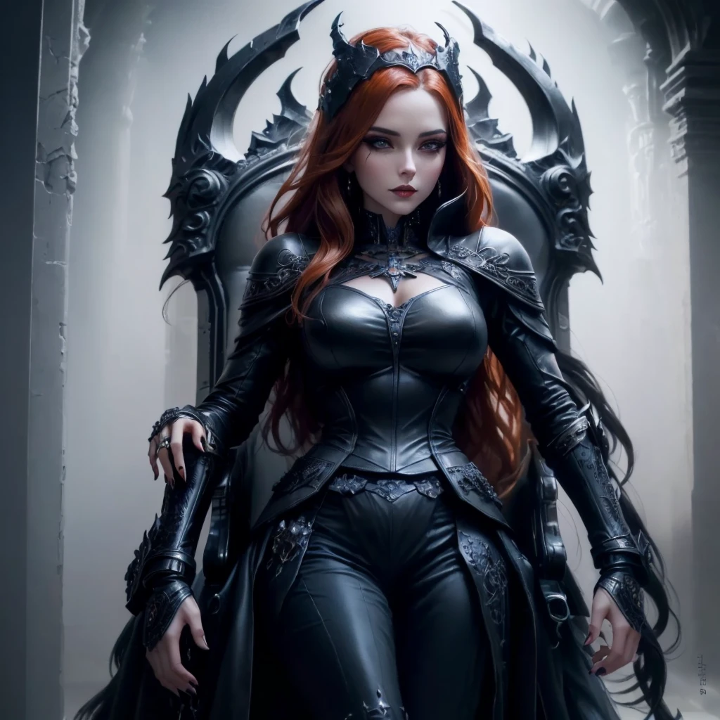 arafed woman in a black leather outfit standing in a throne, karol bak uhd, beautiful elegant demon queen, gothic fantasy art, 3 d render character art 8 k, seductive cyberpunk dark fantasy, dark fantasy style art, villainess has black angel wings, dark fantasy art, gothic fantasy, queen of the underworld, 4k fantasy art