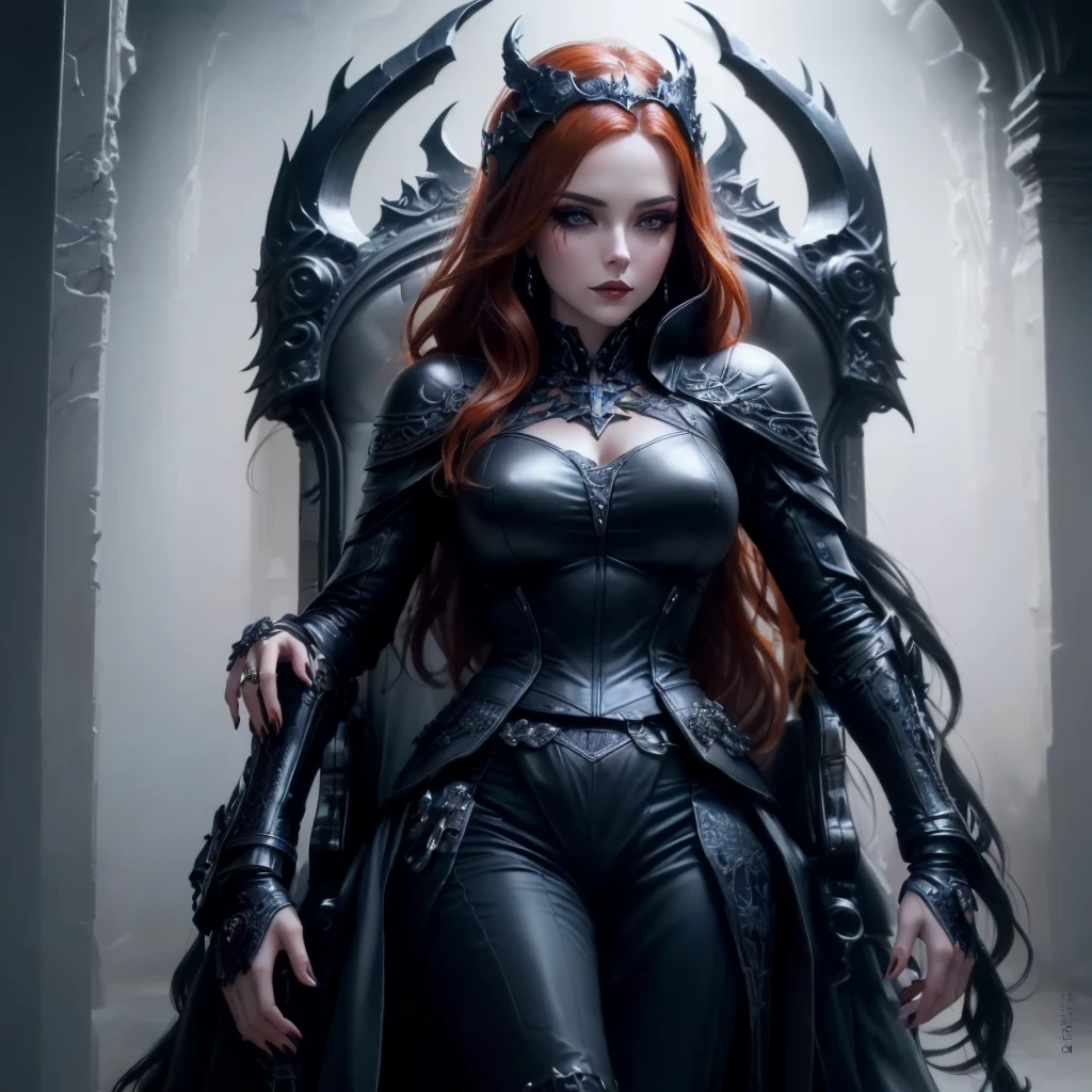 arafed woman in a black leather outfit standing in a throne, karol bak uhd, beautiful elegant demon queen, gothic fantasy art, 3 d render character art 8 k, seductive cyberpunk dark fantasy, dark fantasy style art, villainess has black angel wings, dark fantasy art, gothic fantasy, queen of the underworld, 4k fantasy art