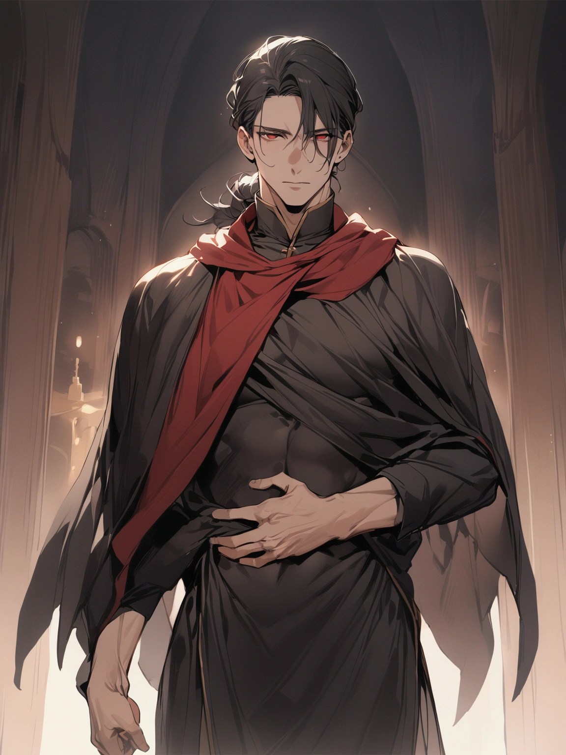 1male, adult, handsome, cruel smile, sadistic, dark hair, priest of ancient civilization, half naked with robes, ancient religious ceremony, upper body