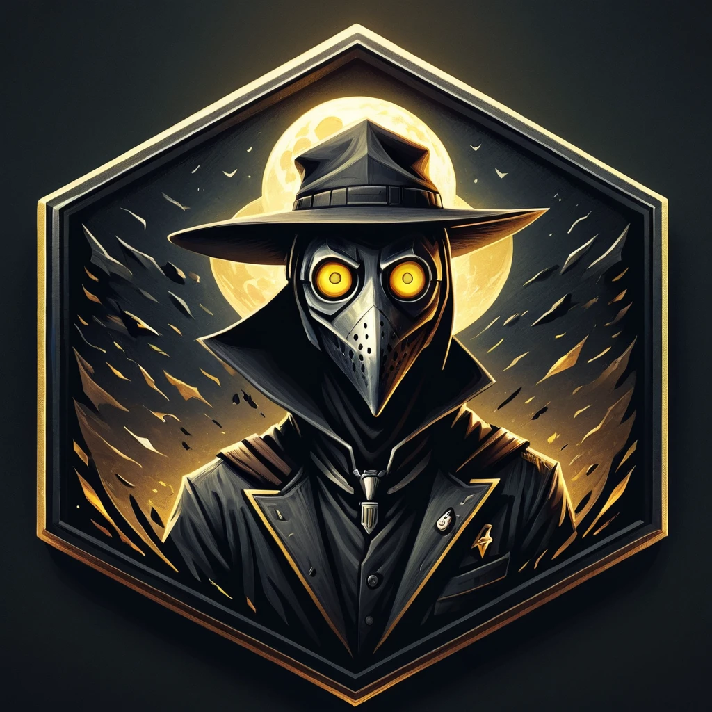 ultra high resolution, detailed, best quality, badgetype,solo badge,counter strike2 type badge,solo,looking at viewer,yellow eyes,1boy,male focus,no humans,mask,glowing,simple background,portrait,straight-on,plague doctor, hat, proportional, noire, full moon in the background