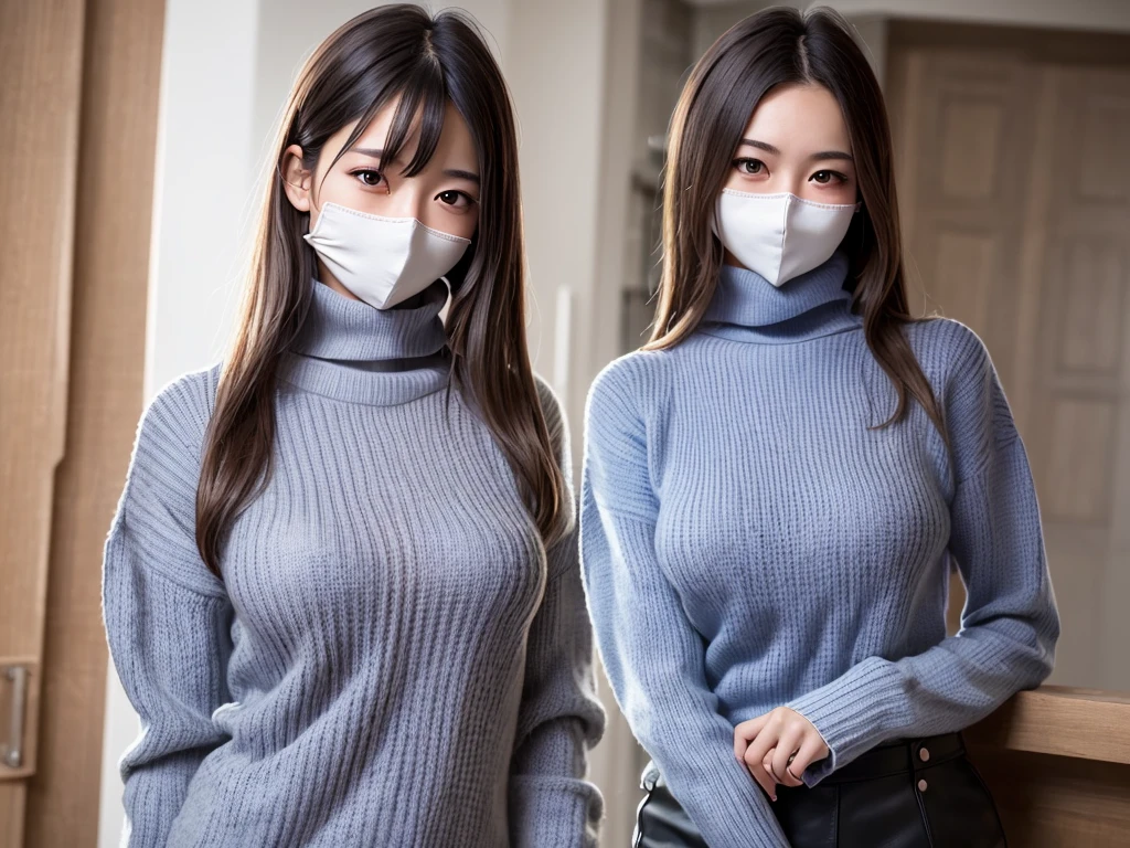 (((masterpiece, best quality,ultra-detailed,8k,high resolution))), (upper body),24 years old ,Japanese girl, (1girl, solo),short hair,(Cover face with a turtleneck sweater collar:1.8),grabbing turtleneck collar,(long turtleneck:1.3)