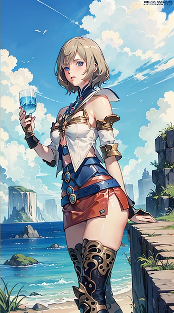 S-curve,s line,(cowboy  shot,masutepiece, of the highest quality, Best Quality, Official art, Beautiful and aesthetic:1.2), ighly detailed, Colorful,highest details,Illustrations,Everyday scenery, 1girl in, Solo, (large boob,Final Fantasy 12,Ashelia, shorth hair,short-hair ,Ashelia Costume,Red mini skirt, thighs thighs thighs thighs, Knee socks that cover up to the shin,jewely, Blue belt,Number on one of the belts), move chart,Medieval fantasy