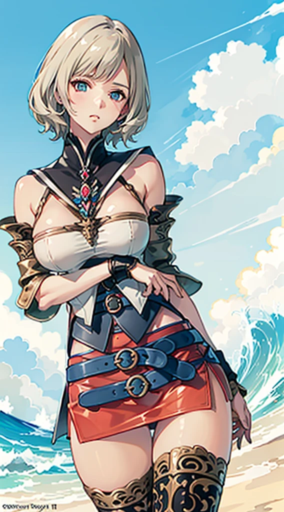 S-curve,s line,(cowboy  shot,masutepiece, of the highest quality, Best Quality, Official art, Beautiful and aesthetic:1.2), ighly detailed, Colorful,highest details,Illustrations,Everyday scenery, 1girl in, Solo, (large boob,Final Fantasy 12,Ashelia, shorth hair,short-hair ,Ashelia Costume,Red mini skirt, thighs thighs thighs thighs, Knee socks that cover up to the shin,jewely, Blue belt,Number on one of the belts), move chart,Medieval fantasy