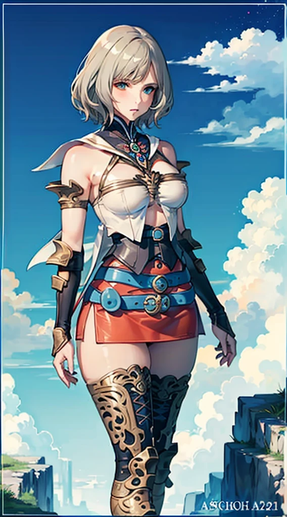 S-curve,s line,(cowboy  shot,masutepiece, of the highest quality, Best Quality, Official art, Beautiful and aesthetic:1.2), ighly detailed, Colorful,highest details,Illustrations,Everyday scenery, 1girl in, Solo, (large boob,Final Fantasy 12,Ashelia, shorth hair,short-hair ,Ashelia Costume,Red mini skirt, thighs thighs thighs thighs, Knee socks that cover up to the shin,jewely, Blue belt,Number on one of the belts), move chart,Medieval fantasy