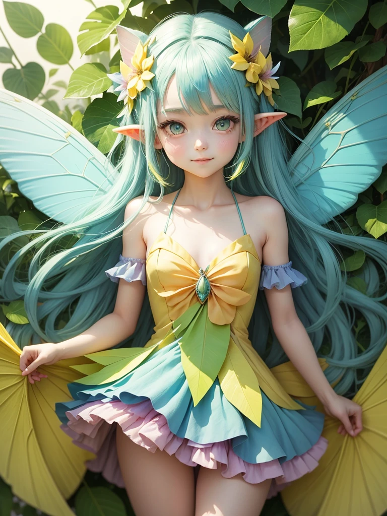 cute little Fairy, blue butterfly, yellowgreen hair, pink eyes,  yellowgreen dress pointy ears dress made of petals leaves long hair forward leaning posture leaf fairy flower clothes made of leaves thin wings gently smiling big leaves