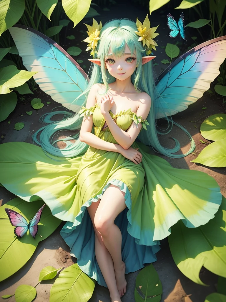 cute little Fairy, blue butterfly, yellowgreen hair, pink eyes, yellowgreen dress pointy ears dress made of petals leaves long hair forward leaning posture leaf fairy flower clothes made of leaves thin wings gently smiling big leaves