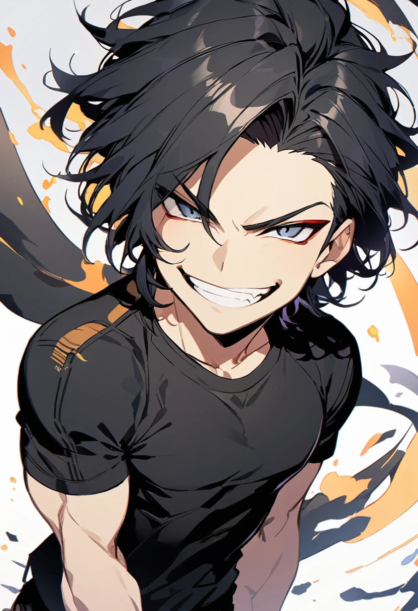 Shorth black hair,semi_muscular man,black shirt,white long short,smirk,look at viewer