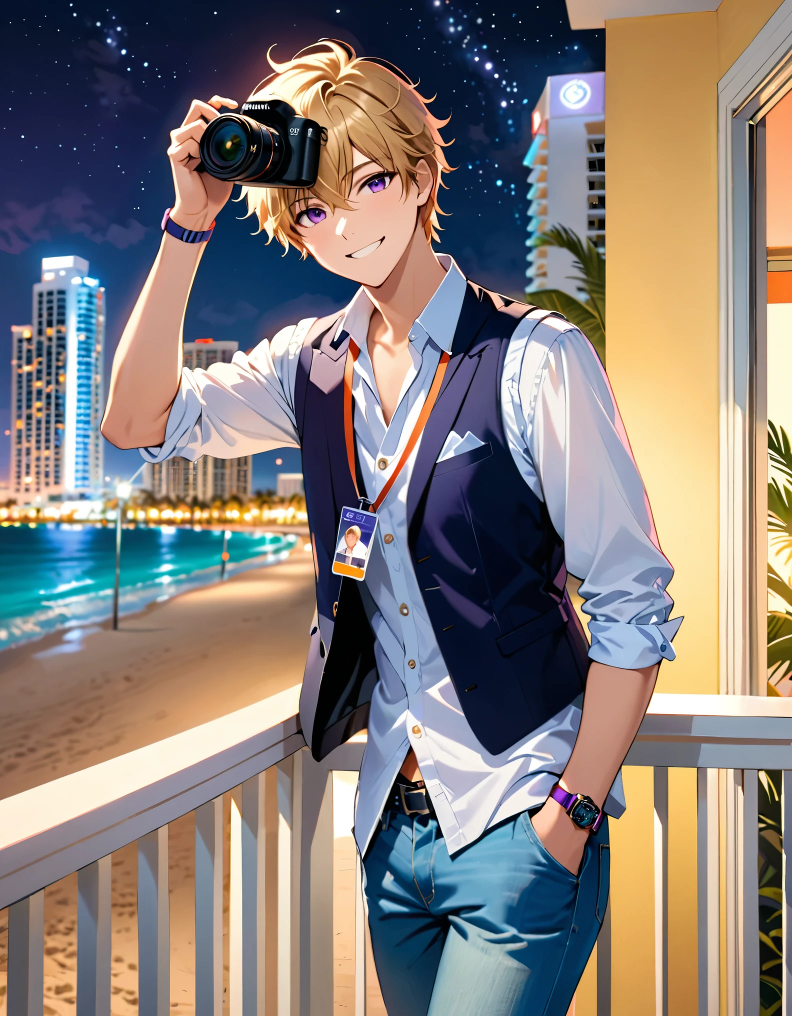 (masterpiece), (best quality), (hires), 1boy, blonde hair, purple eyes, (lora:perfect hands:1), holding digital camera, full body, male focus, jeans, shirt, shoes, smile, solo, standing, watch, wristband, wristwatch, sleeveless vest, reporter, photographer, reporter's ID card hanging on his neck, age 22, charming smile, cute face, leaning near a balcony railing, Miami beach backdrop, night, outdoors, festive atmosphere, cowboy shot, relaxed pose, smooth lighting.