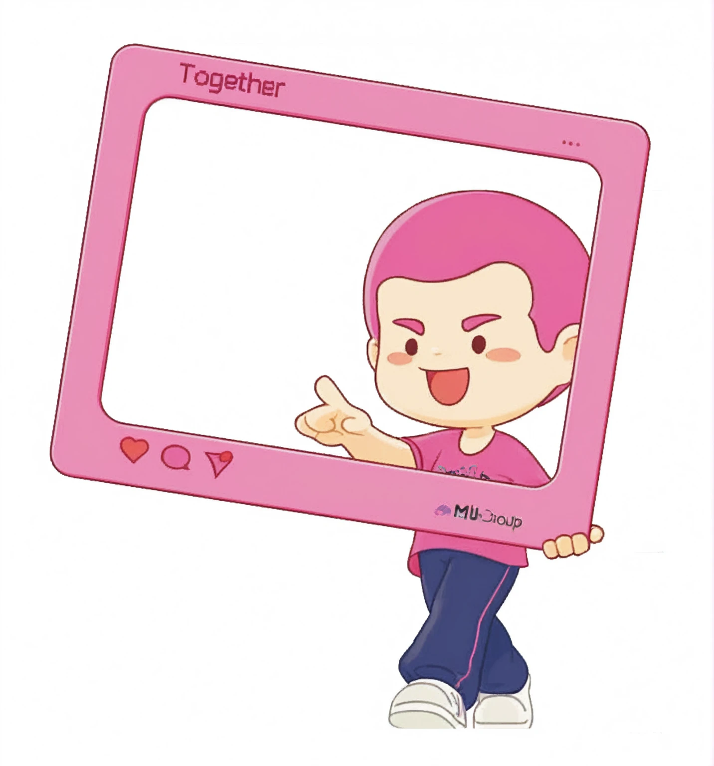 A cartoon illustration of a boy holding a pink picture frame，Photo frame with a heart, Telegram Stickers design, Telegram Stickers, Pink Iconic Character, posture, Together, Cute girl with short pink hair, finger, Official Fanart, (Pink), a person in a frame, couple, Ruan cute vtuber, Twitch emoticon, Selfie, Portrait photo Profile picture is the front view of the ip Generate side view