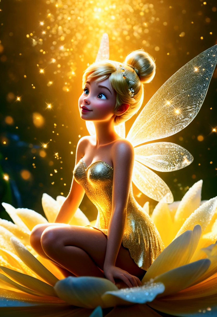 Illustration, ( bright resolution, Sitting on a large flower petal covered in fresh morning dew on a clear day, Tinkerbell in fluorescent white and gold_Upper body close-up angle ), A variety of small flowers and plants made of light, Ultrafine particles shining in the air_Mysterious background with small particles of natural light emitting light, ultra high resolution, 8k, Very detailed details, Product detailed image, surreal photo, the greatest masterpiece:1.2, A shining aura spreading in the air,