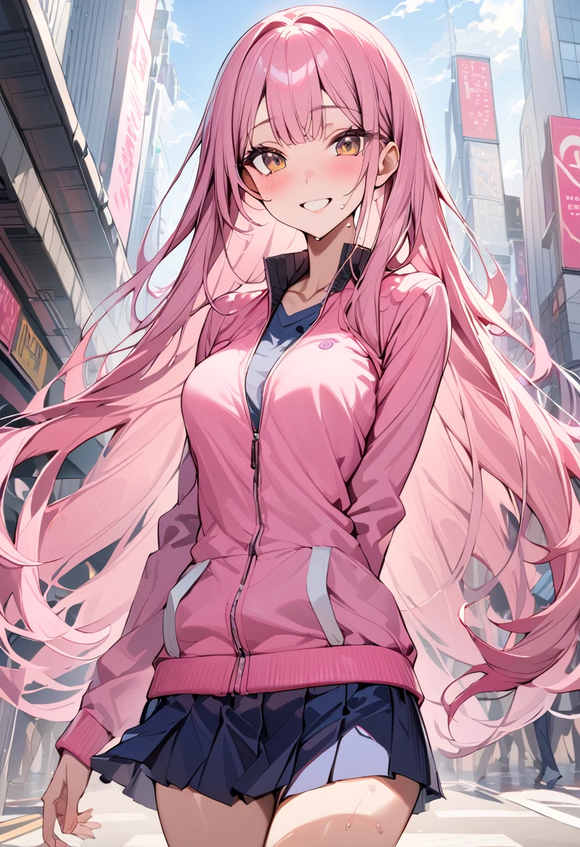 ((masterpiece,Highest quality:1.3,best quality illustration)),cowboy shot,独奏,1woman,((Mature Beauty)),pink hair,straight long hair,bangs,brown eyes,(gorgeous eyes),((very small head)),fun,smile,((very long body,skinny)),medium breasts,((Pink baseball jacket、Navy blue pleated mini skirt)),gleaming skin,oily skin,slender body,sweat,standing,on street,Shibuya Station、