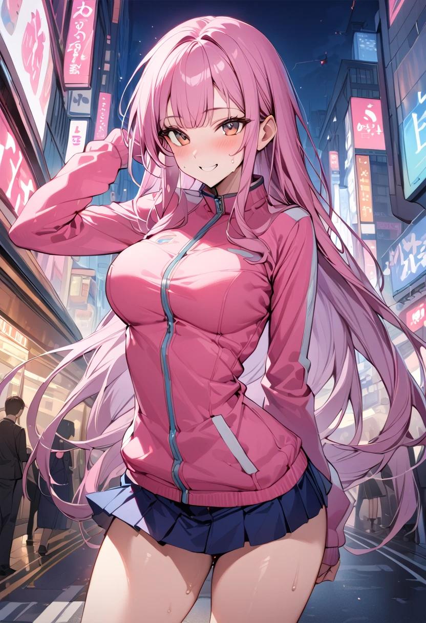 ((masterpiece,Highest quality:1.3,best quality illustration)),cowboy shot,独奏,1woman,((Mature Beauty)),pink hair,straight long hair,bangs,brown eyes,(gorgeous eyes),((very small head)),fun,smile,((very long body,skinny)),medium breasts,((Pink baseball jacket、Navy blue pleated mini skirt)),gleaming skin,oily skin,slender body,sweat,standing,on street,Shibuya Station、