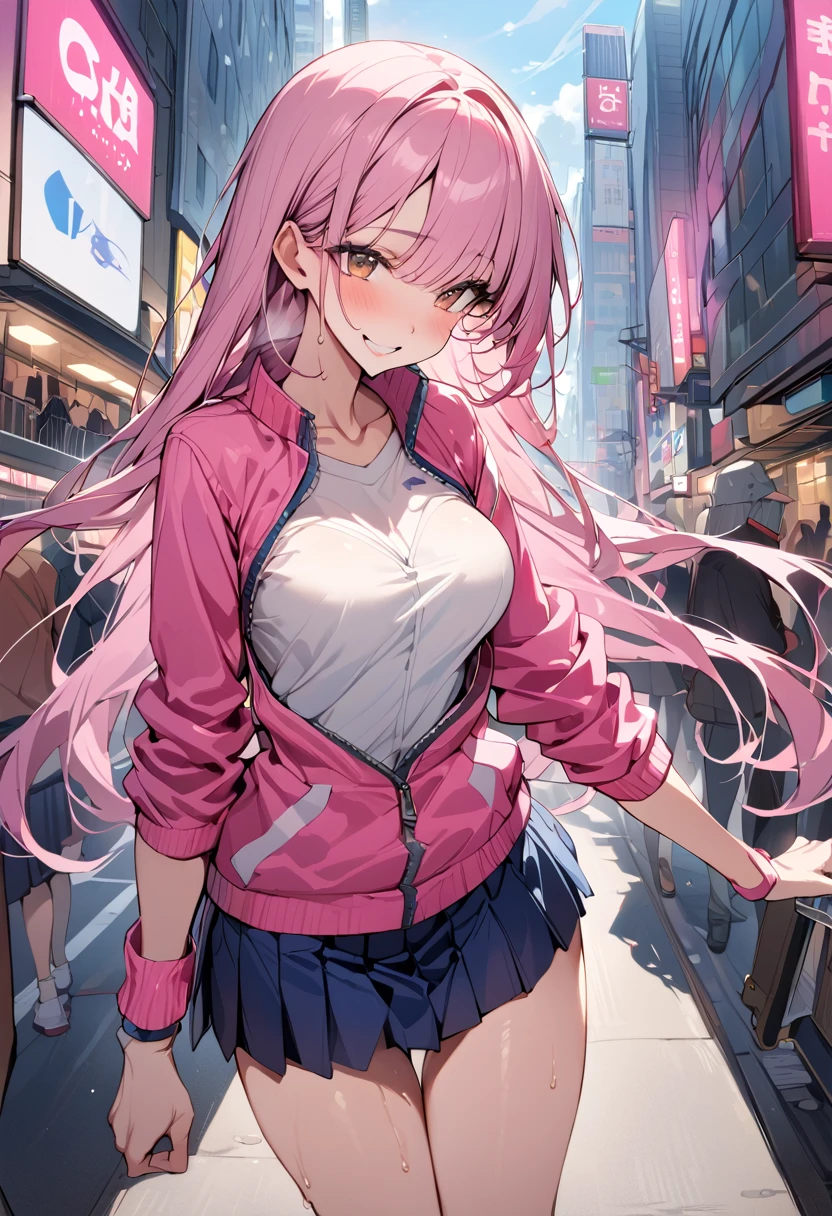 ((masterpiece,Highest quality:1.3,best quality illustration)),cowboy shot,独奏,1woman,((Mature Beauty)),pink hair,straight long hair,bangs,brown eyes,(gorgeous eyes),((very small head)),fun,smile,((very long body,skinny)),medium breasts,((Pink baseball jacket、Navy blue pleated mini skirt)),gleaming skin,oily skin,slender body,sweat,standing,on street,Shibuya Station、