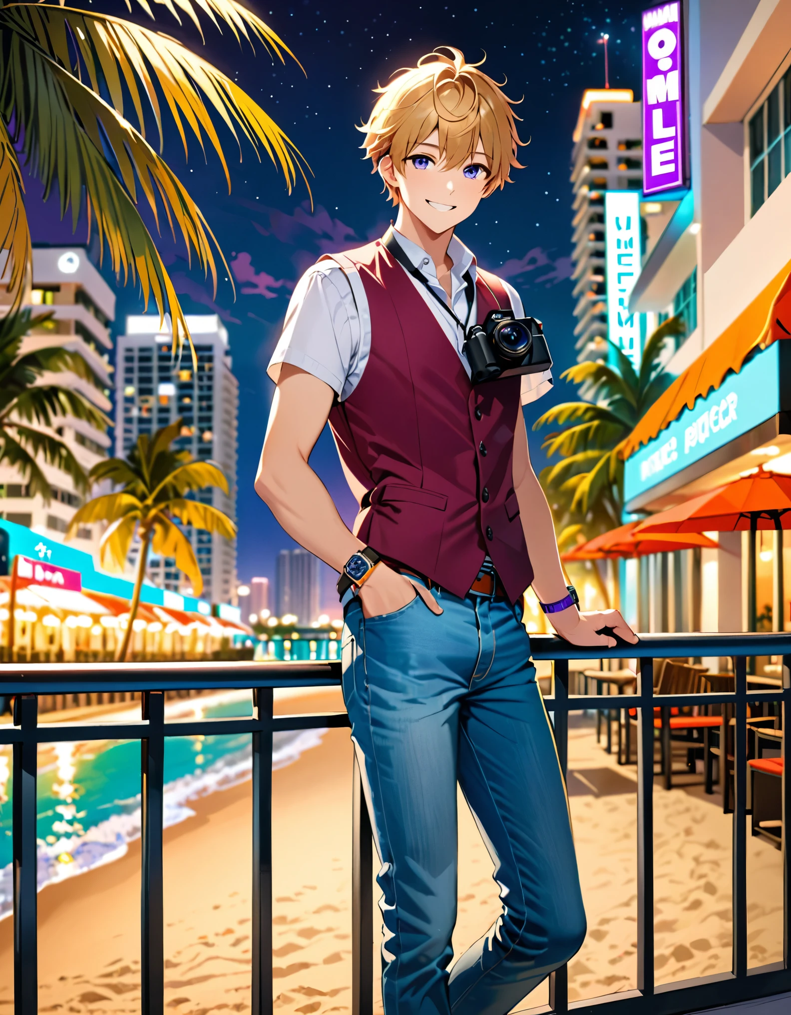 (masterpiece), (best quality), (hires), 1boy, blonde hair, purple eyes, (lora:perfect hands:1), holding digital camera, full body, male focus, jeans, shirt, shoes, smile, solo, standing, watch, wristband, wristwatch, sleeveless vest, reporter, photographer, reporter's ID card hanging on his neck, age 22, charming smile, cute face, leaning near a balcony railing, Miami beach backdrop, night, outdoors, festive atmosphere, cowboy shot, relaxed pose, smooth lighting.