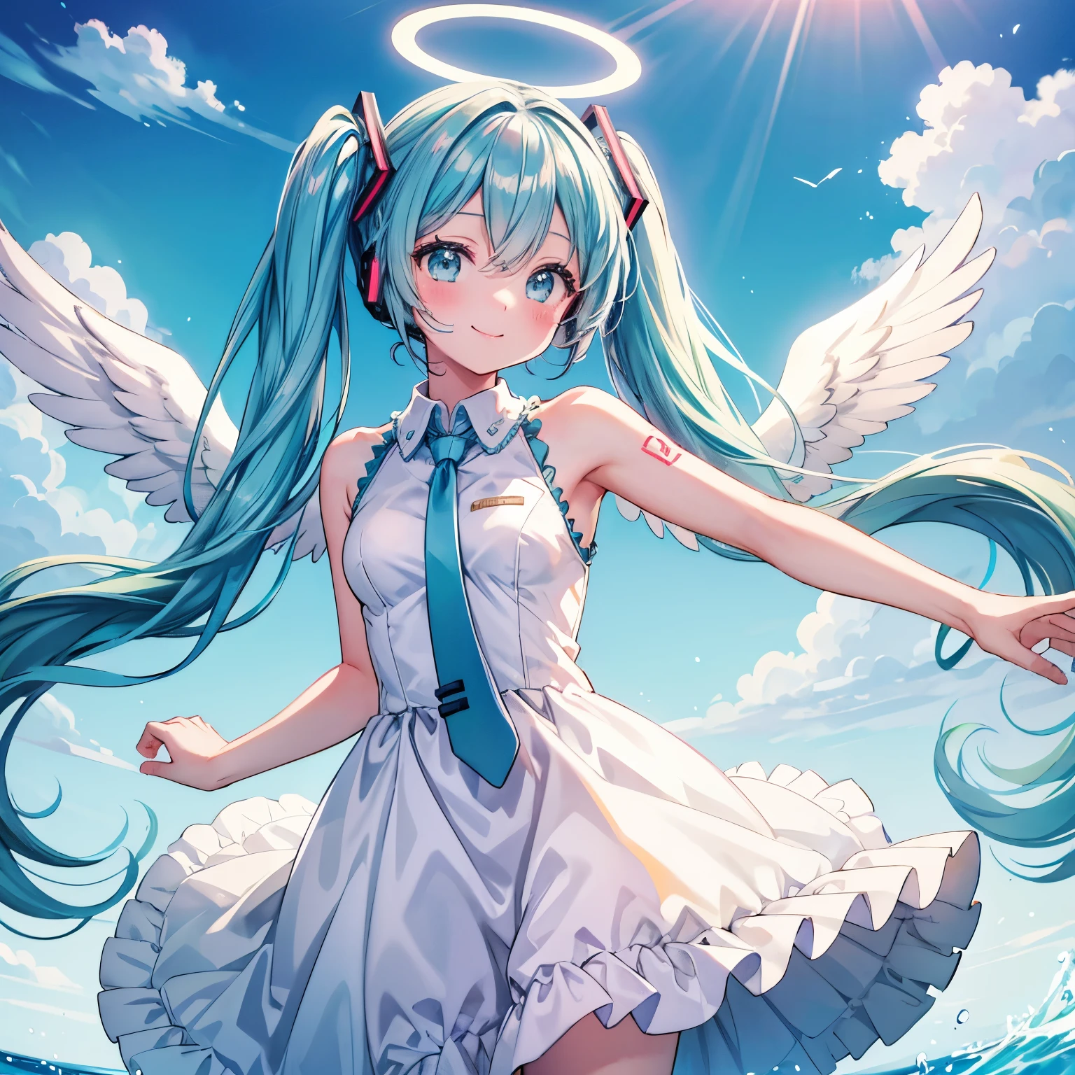 hatsune miku、White angel wings、sheer white dress、Angel halo on head、heaven、I pray、smile、floating、blush