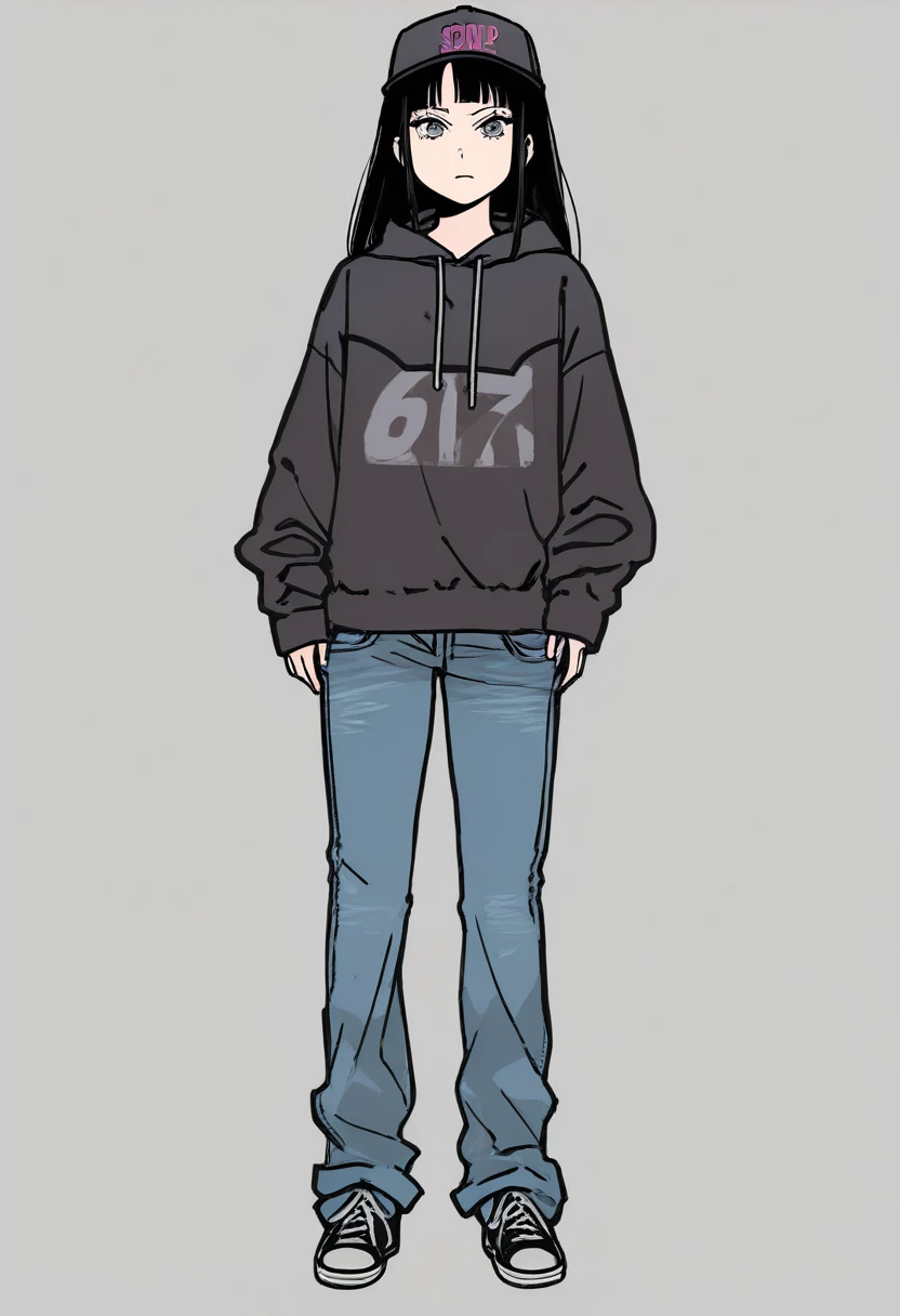 score_9, score_8_up, score_7_up, score_6_up, Yusuke Murata Character concept art of a pale skinned woman, skinny, grey eyes, scar on face, hoodie, baseball cap, annoyed face, hime cut black hair, jeans, fashionable, thick outlines, line weight, high detail, white background, high detail establishing shot. cinematic, use of color theory and contrasting shadow tints.