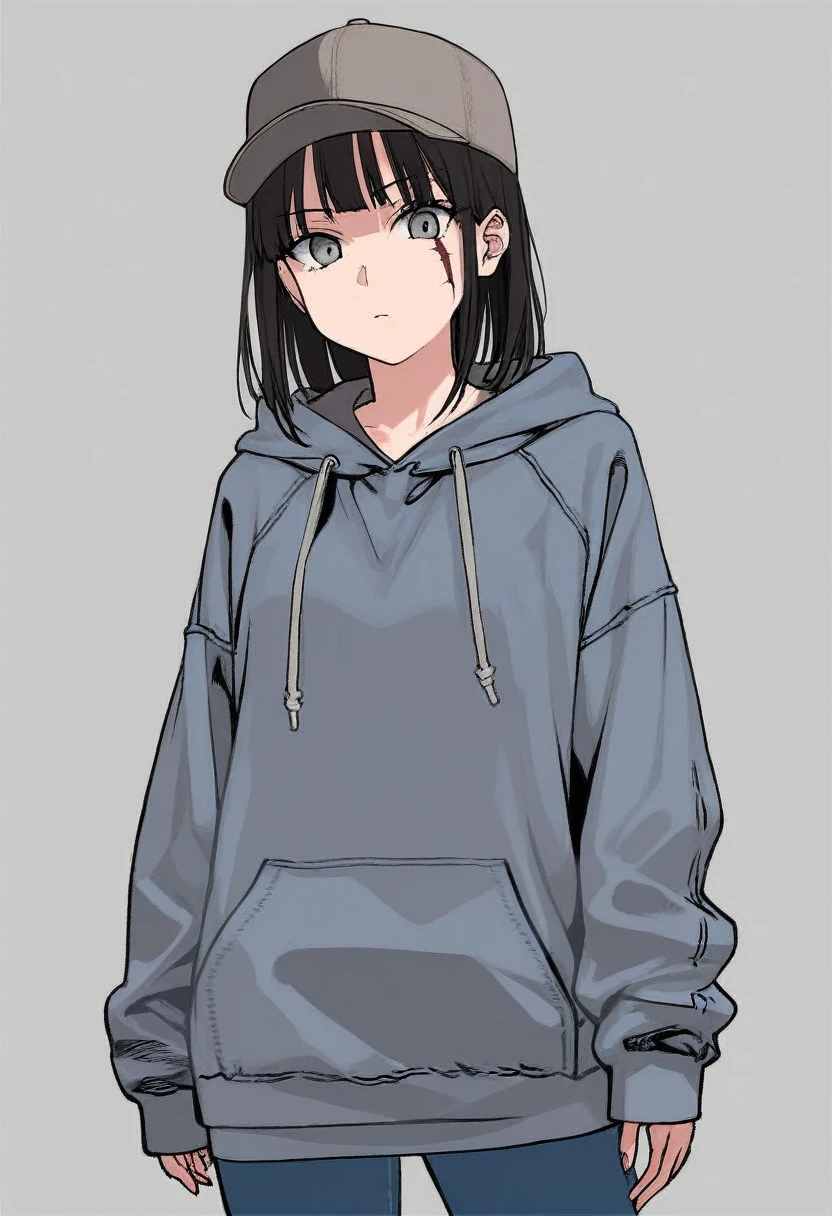 score_9, score_8_up, score_7_up, score_6_up, Yusuke Murata Character concept art of a pale skinned woman, skinny, grey eyes, scar on face, hoodie, baseball cap, annoyed face, hime cut black hair, jeans, fashionable, thick outlines, line weight, high detail, white background, high detail establishing shot. cinematic, use of color theory and contrasting shadow tints.
